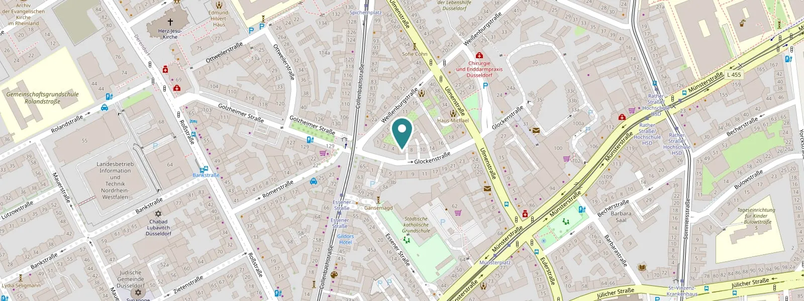 Kartenausschnitt mit der Lage der Praxis in der Glockenstraße 6, 40476 Düsseldorf